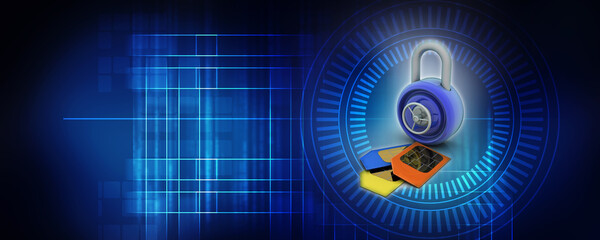 3d render Sim card with padlock
