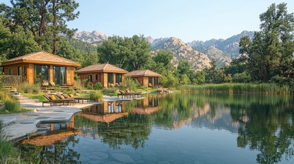 Tranquil lake scene with wooden structure