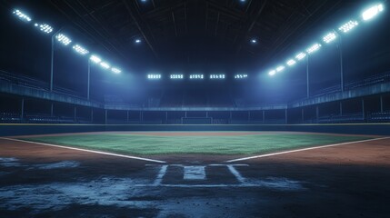 Night Baseball Stadium Empty Field Dramatic Lighting 3d art game dark blue cool view arena pitch    