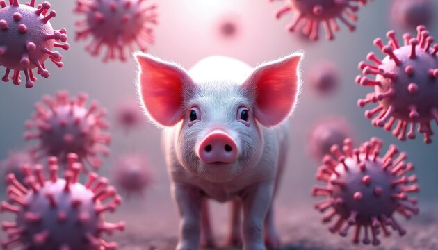 Illustration of pig surrounded by virus particles. Porcine health threat concept explore viral threats to swine, their modes of transmission, symptoms, impact, prevention, vaccination, quarantine.