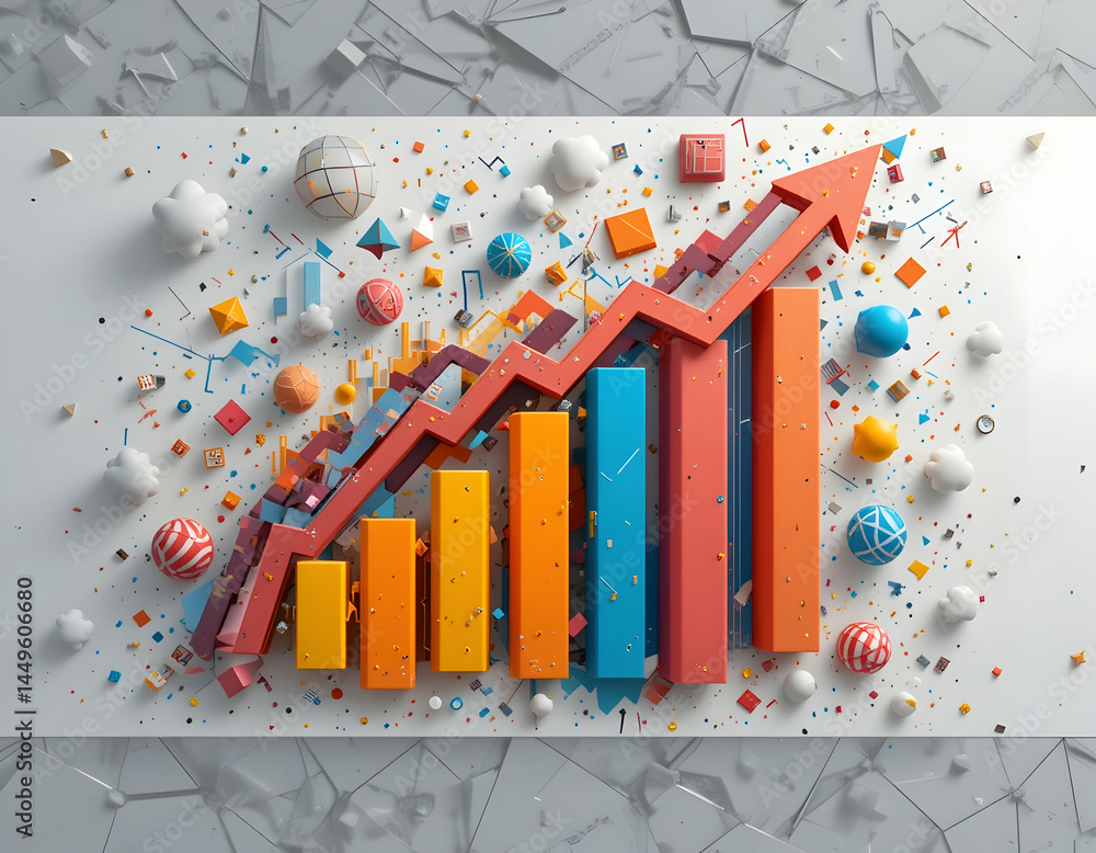 Poster rising bar chart with arrow and geometric shapes on white background