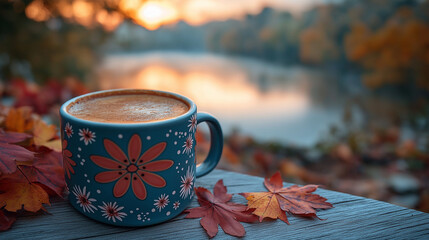 Autumn Sunset by the Lake with Cozy Cup of Tea
