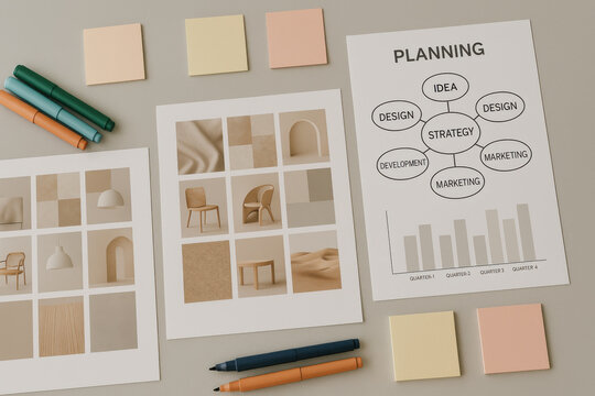 Planning strategy idea design marketing development chart with color swatches and markers on beige background, creative workspace for project organization and inspiration