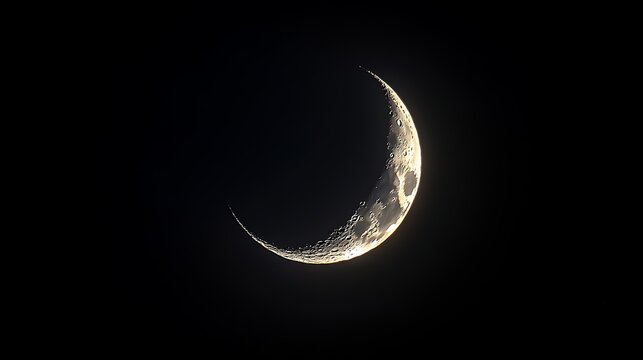 Shimmering crescent moon gently illuminating the dark sky surrounded by faint cosmic light