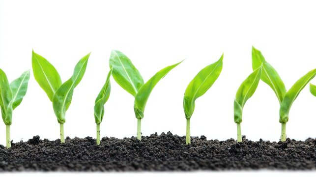 A row of corn plants growing in neat lines, white background