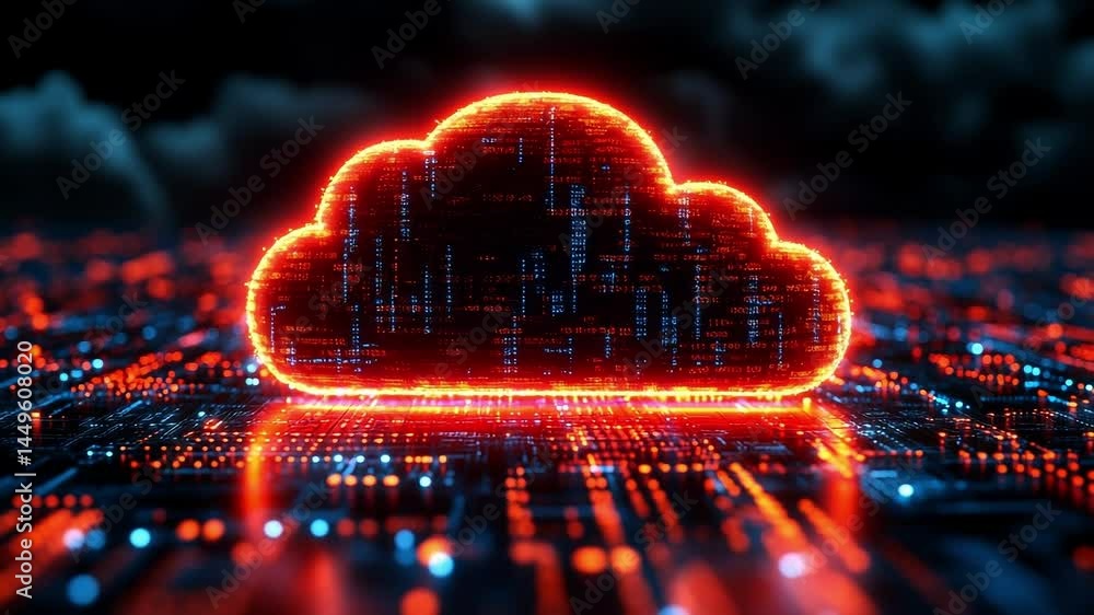 Poster digital cloud computing visuals. a glowing cloud shape is depicted above a digital landscape filled 