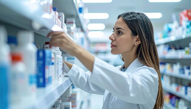 Pharmacy employee organizing medications local pharmacy professional environment indoor scene close-up view healthcare concept