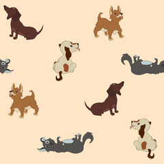 Seamless cartoon pattern featuring playful terriers, dachshunds, spaniels and other dogs on a soft beige background. Ideal for pet-themed fabric, kids’ products, and cheerful decor.