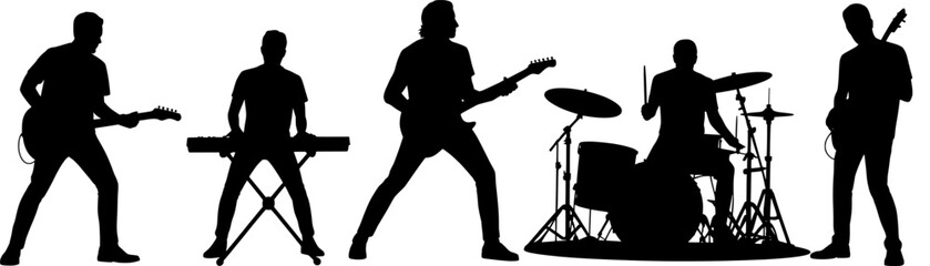 Silhouette of a modern band setup — electric guitar, keyboard, drum kit — with musicians in performance stance, black on white.