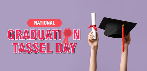 Hands holding diploma and mortar board on lilac background. Banner for National Graduation Tassel...