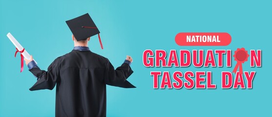 Happy student with diploma on blue background. Banner for National Graduation Tassel Day