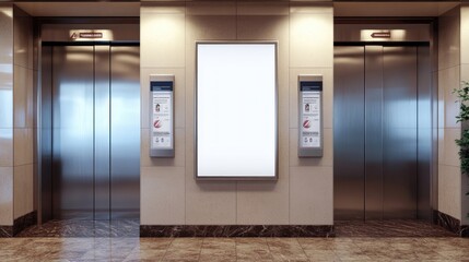 Modern elevator lobby interior with blank advertising panel.