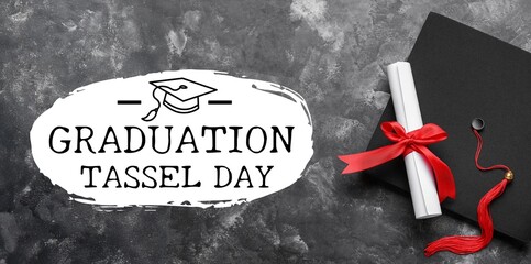 Diploma and mortar board on grunge background. Banner for National Graduation Tassel Day