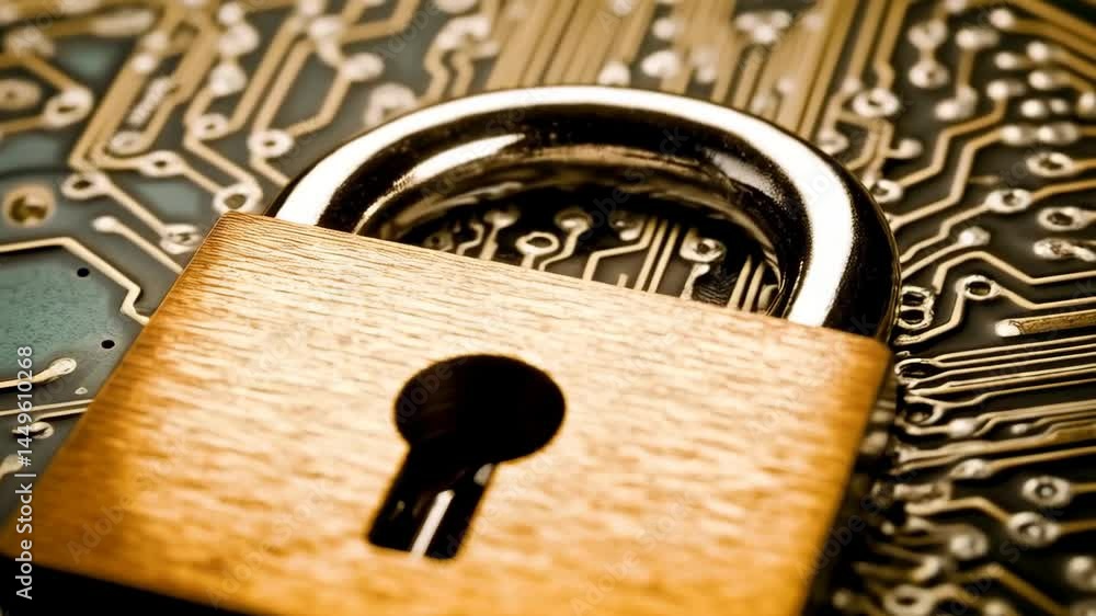Poster macro shot featuring a wooden padlock resting on a complex patterned circuit board, emphasizing data