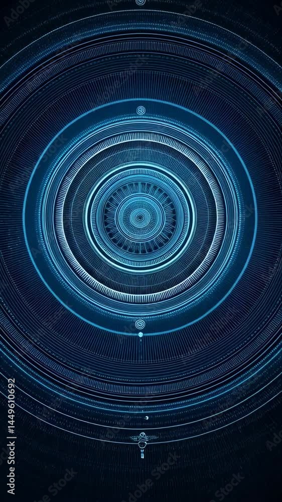 Poster complex abstract concentric circles pattern in shades of blue, radiating futuristic and intricate de