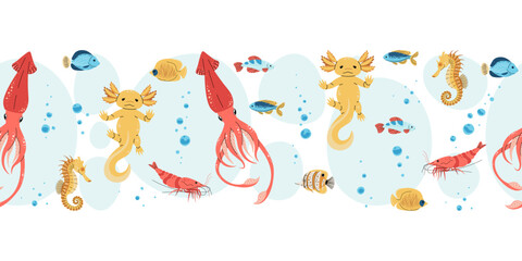 Seamless Horizontal Border with Squid, Bubbles and Axolotl in Flat Style. Underwater Pattern for Fabric, Wallpaper and Stationery. Repeatable Vector Illustration.