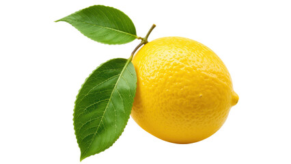 bright yellow lemon with vivid green leaves, , isolated on transpraent png