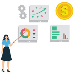 Confident businesswoman present sales pitch on whiteboard aiming to convince client of idea