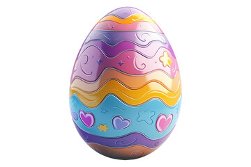 Vibrant Easter egg with embossed patterns of waves, stars, and hearts in pastel colors isolated on white transparent background. Festive holiday decoration concept