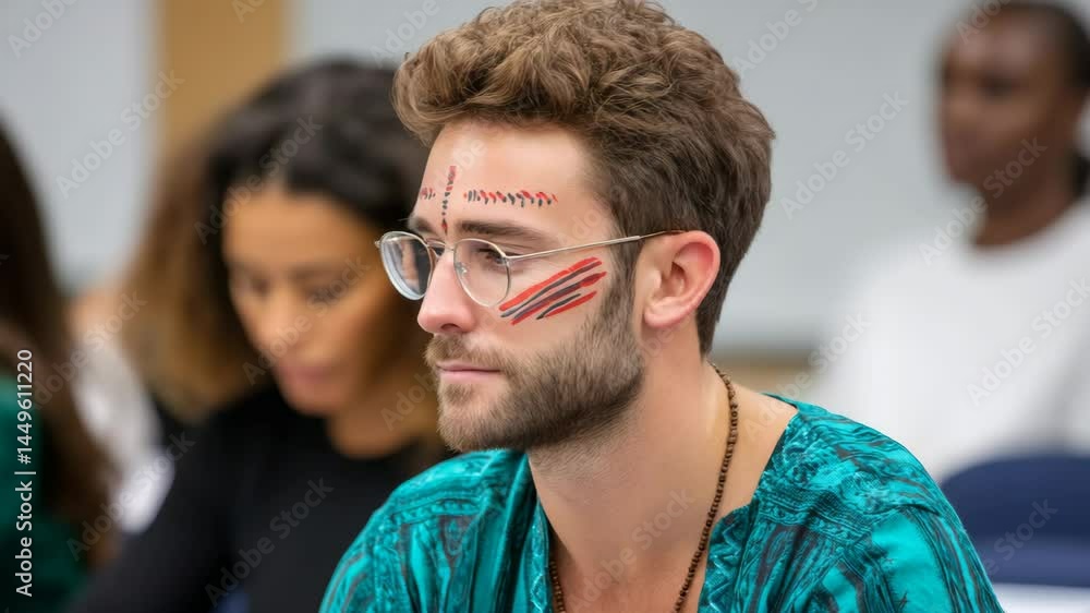 Poster man with a beard and glasses has a red and black face paint on his face. he is sitting in a classroo