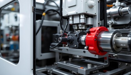 modern injection molding machine close up, isolated, product placement ready
