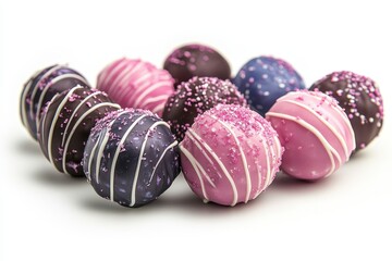 Obraz premium Delicious chocolate truffles decorated with colorful icing and sprinkles on a white background