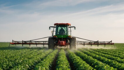 Precision crop spraying in a lush green potato field, showcasing modern agricultural techniques