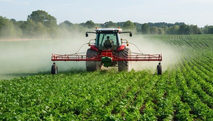 Fototapeta premium Precision crop spraying in a lush green potato field, showcasing modern agricultural techniques