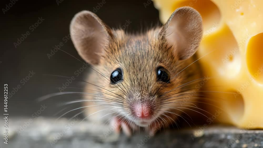 Poster small mouse is standing in front of a large piece of cheese. the mouse is looking at the camera with