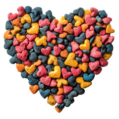 Colorful heart shape made from assorted candies arranged on a white background for festive occasions