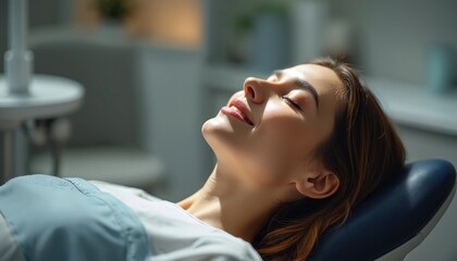 Relaxed woman receiving dental care. Patient lies in comfortable chair. Modern clinic environment, bright light creates calm atmosphere. Dental health, wellness, healthcare.