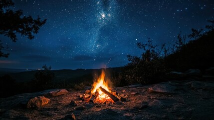 Campfire under the Milky Way at night, a scene of outdoor serenity