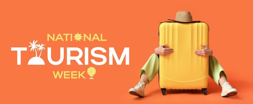 Young woman with suitcase on orange background. Banner for National Tourism Week