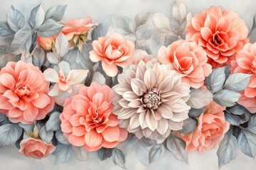 Pastel floral arrangement with delicate shading and leaves.