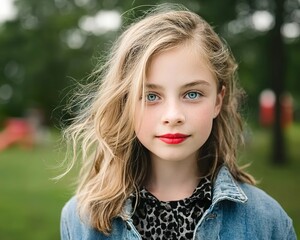 Fototapeta premium Portrait of a young girl, with shoulder-length blonde hair with highlights, blue eyes, wearing a