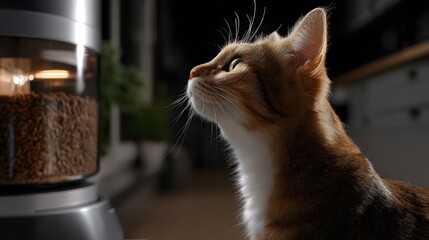 Curious cat observing innovative pet feeder in action with automatic food dispensing feature