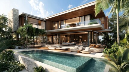 Fototapeta premium Opulent Tropical Residence with Modern Design and Poolside Serenity Escape