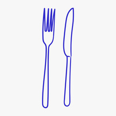 Simple illustration of a fork and knife in blue outline design, perfect for culinary themes and dining contexts