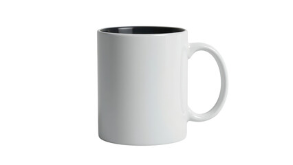 Plain white coffee mug with a dark gray handle and rim.  It's isolated on tranpsarent png