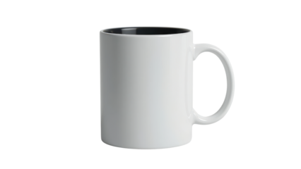 Plain white coffee mug with a dark gray handle and rim.  It's isolated on tranpsarent png