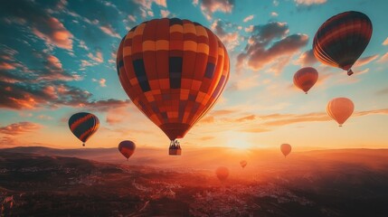 Obraz premium Hot air balloons flying over a landscape at sunset