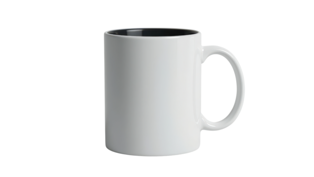 Plain white coffee mug with a dark gray handle and rim.  It's isolated on tranpsarent png