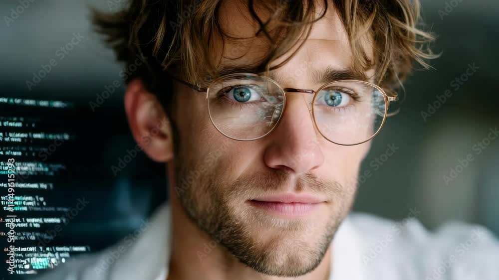 Poster man with glasses is looking at the camera. the background has a lot of text, which could be a comput