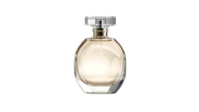 glass  perfume  bottle  isolated on tranpsarent png,  illuminated  with  subtle  light.