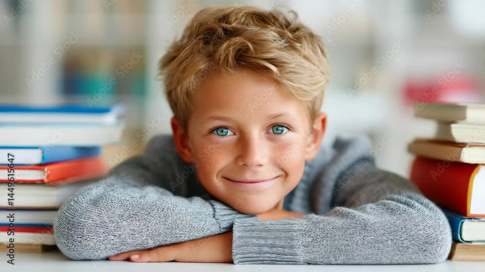 Poster young boy is sitting on a table with a stack of books behind him. he is smiling and looking at the c