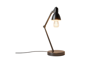 desk lamp with a black metal arm and warm-toned lightbulb against a neutral, isolated on tranpsarent png