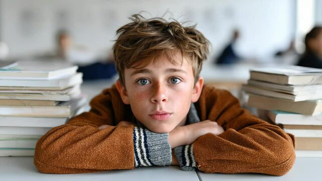 Boy is laying on a table with a stack of books on his lap. He is smiling and looking at the camera