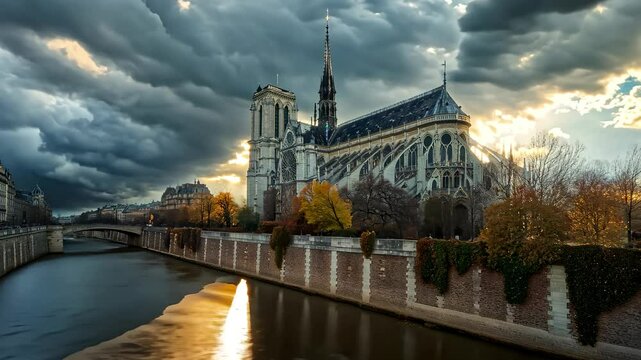 Stunning Sunset View of Notre Dame Cathedral by the Seine River