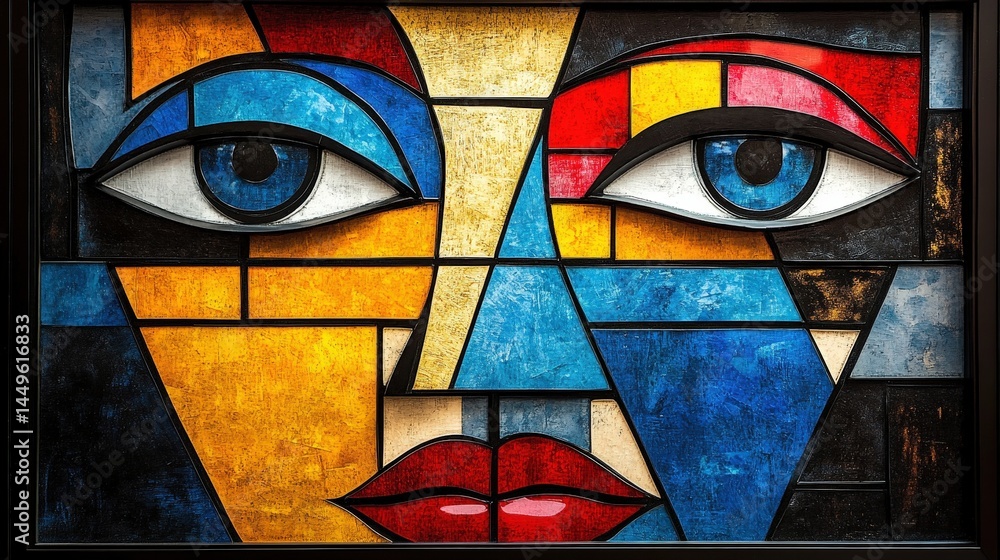 Poster colorful abstract face design with geometric patterns.