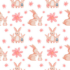 Cute watercolor mother and baby rabbits seamless pattern. mother's day seamless pattern.